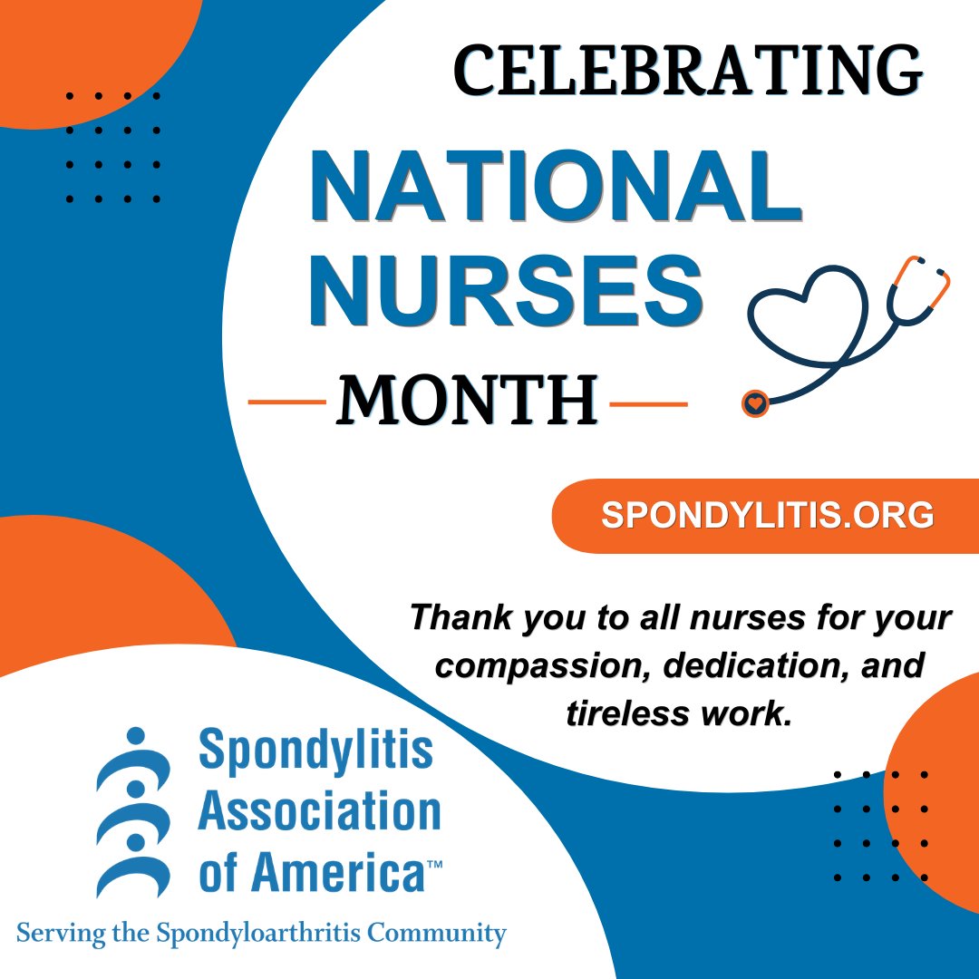spondylitis's tweet photo. May is National Nurses Month! 

This month, SAA recognizes and thanks nurses for all of their hard work, care, and dedication they bring to their patients and community every day. If you know or see a nurse during this month, take a moment and thank them for the important role they play in the healthcare system.

#NationalNursesMonth #ThankANurse #HealthcareWorkers #Spondyloarthritis #Spondylitis