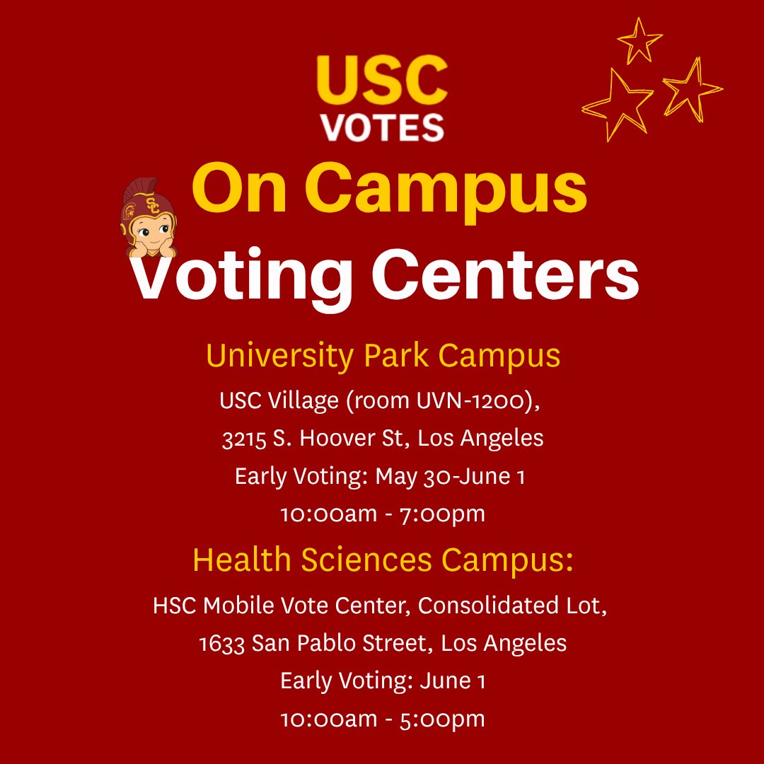 USCPrice's tweet photo. Election Day is almost here! 

USC students, faculty, staff, and community members can take advantage of early voting opportunities at USC Vote Centers on the University Park and Health Sciences campuses.

Visit https://t.co/vPd5tS9QNU to make your voting plan, find important election information, and get ready to cast your ballot.