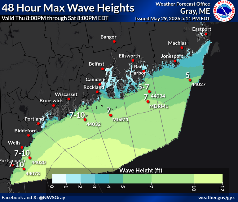 NWSGray's tweet photo. In addition to strong winds, there will be other impacts with tonight's storm system, some of which are quite rare for late May:
🌧️ A soaking rainfall with a widespread 1-3 inches
🌊 Rough surf with waves approaching 10 feet
❄️ Mountain snow
🌡️ Winter-like wind chills
#mewx #nhwx https://t.co/jLAI7Ae1nk