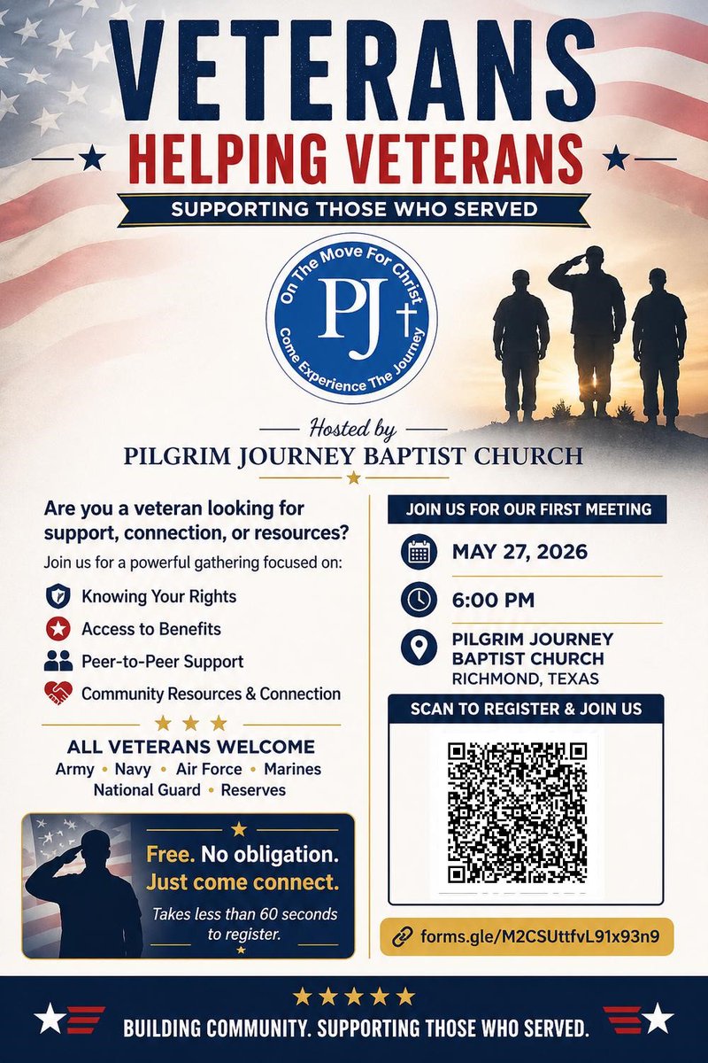 FBC_Judge's tweet photo. Fort Bend County VSO met with Veterans at Pilgrim Journey Baptist Church on May 27 for the first Veterans Helping Veterans Ministry, sharing resources and VA benefit info. Grateful to Pastor Simpson and Marcus Bell for their support. https://t.co/qbrsqf0Id6