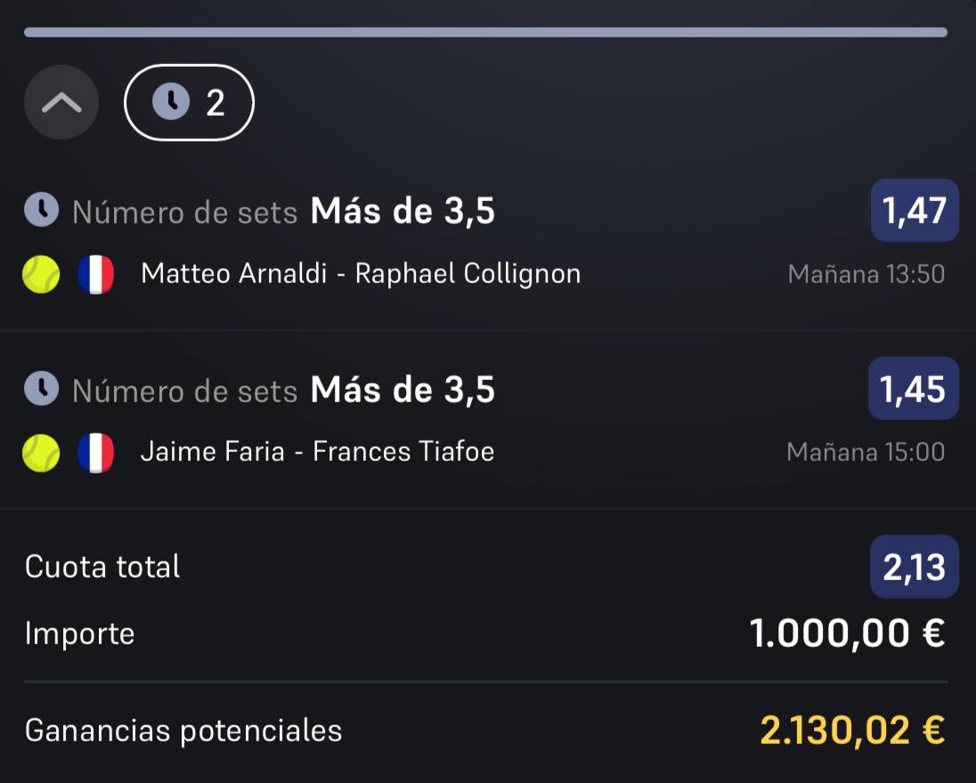 LosSocios10_'s tweet photo. 💰CUOTA 2,13 SEGURA‼️

No hay que complicarse, si Winamax deja a cuota 2 que hay mínimo 4 sets en estos dos partidos se le mete y punto.

Lo que se conoce como ''dinero en el suelo'' 😅