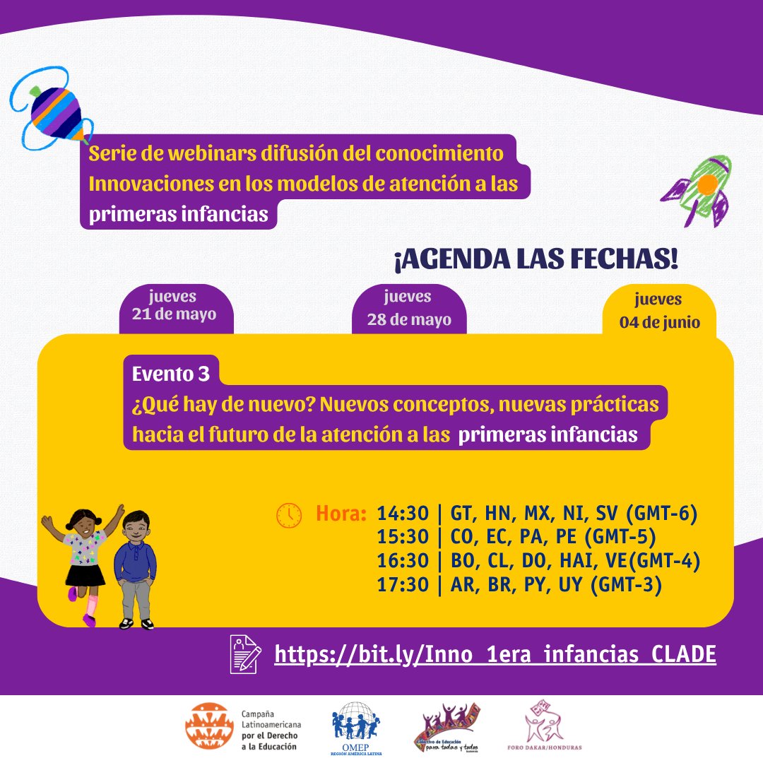 redclade's tweet photo. Serie de webinars difusión del conocimiento  Innovaciones en los modelos de atención a las primeras infancias

Ponentes: Iliana Lo Priore, Steven Salgado y Víctor Cristales.
Moderación: Desirée López de Maturana.

✏️ Registro: https://t.co/FoHXxjFYrR https://t.co/SRds9rdKZ3