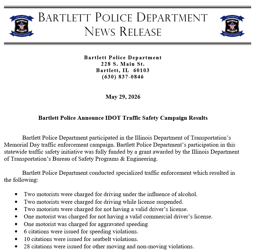 bartlettpd's tweet photo. Bartlett Police Department conducted specialized traffic enforcement which resulted in the following: https://t.co/3zyATpY3KM