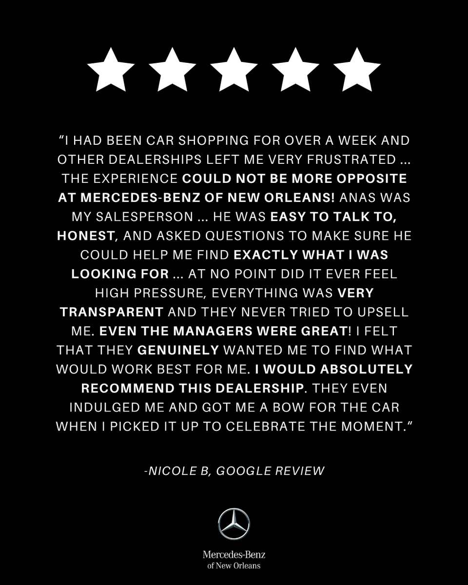 BenzOrleans's tweet photo. Reviews like this mean everything. ⭐️
Thank you, Nicole B, for choosing Mercedes-Benz of New Orleans, and thank you to Anas and our team for centering comfort, honesty, and care every step of the way.

Experience the difference at 📍3727 Veterans Blvd in Metairie https://t.co/bBs9koFdkN