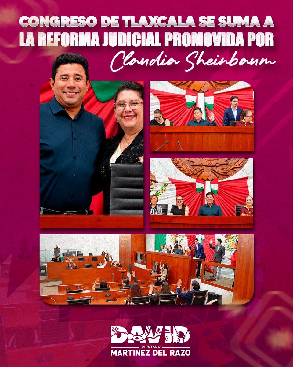 DavidMtzTlax's tweet photo. Hoy en el Congreso del Estado de Tlaxcala aprobamos la reforma judicial impulsada por nuestra Presidenta Claudia Sheinbaum Pardo. 

Seguimos trabajando por la transformación de México y de Tlaxcala. https://t.co/4dpCvg9iDX