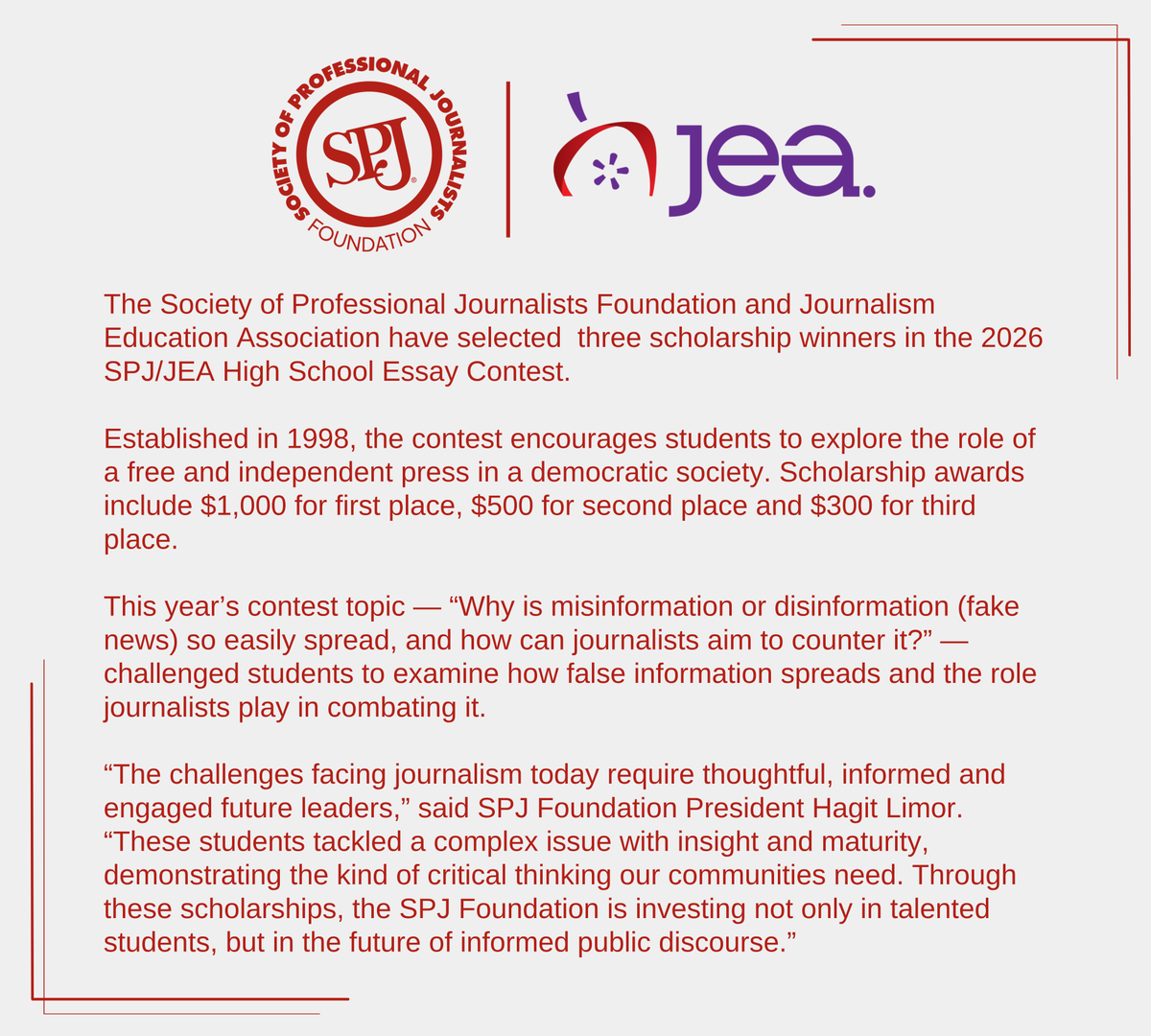 spj_tweets's tweet photo. SPJ and @nationalJEA have selected three scholarship winners in the 2026 SPJ/JEA High School Essay Contest:

🥇First Place: Olivia Shin
🥈Second Place: Natalia Todorovich
🥉Third Place: Celina Chen 

🎉Congratulations to the winners!

➡️ https://t.co/akaytdMLvz https://t.co/kunUV7cJ9m