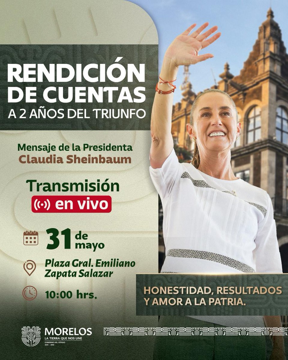 ATD_Mor's tweet photo. A 2 años del triunfo del pueblo, seguimos transformando México con honestidad y amor a la patria. Te invitamos a acompañar el mensaje de rendición de cuentas de la presidenta Claudia Sheinbaum y ser parte de este momento histórico. 

📍Plaza Gral. Emiliano Zapata Salazar 
📷10:00 h