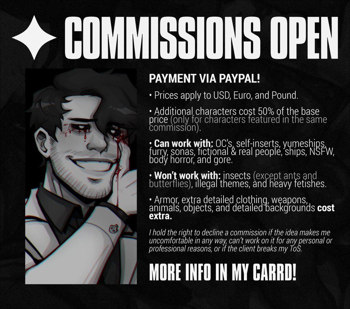 itstoriirdz's tweet photo. ˖ ✦ ‧₊˚ COMMISSIONS OPEN! 

DM me if you're interested or if you have more questions about my process of working and/or my prices! 

Here's the link to my carrd for my entire ToS and additional info: https://t.co/1gQbn36Ry8
#commissionsopen #art https://t.co/XpRzGqwnvy