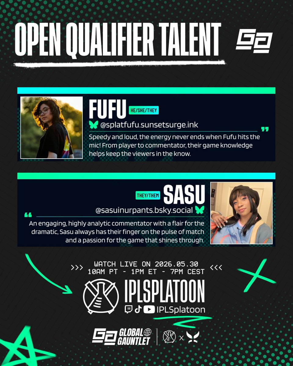 IPLSplatoon's tweet photo. Tomorrow morning we've got a banger of a block covering Global Gauntlet 2's open qualifier:

🎙 @splatfufu &amp; @sasuinurpants
🎥 @elymentalw #sws26

There's still time to register: 🧵 https://t.co/3QtTUZvPuq