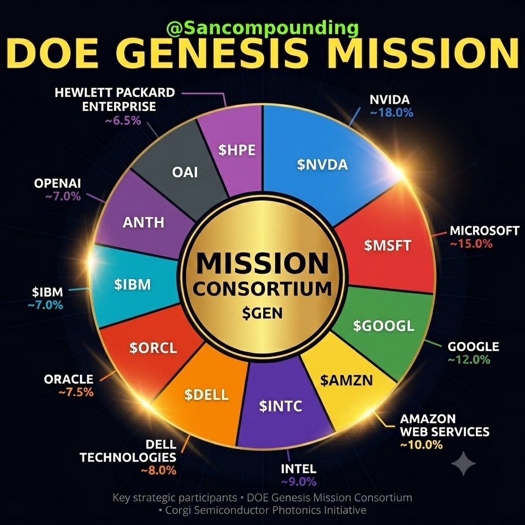 SanCompounding's tweet photo. 🇺🇸 The US DOE just signed MOUs with 24 companies to advance the Genesis Mission — a national AI platform across 17 national labs to 2x American science productivity.

📈 $NVDA, $DELL, $GOOGL, $MSFT, $AMD, $ORCL, $PLTR and more just got a government-backed revenue pipeline.

💵 This isn’t a grant. It’s a procurement funnel :
$DELL already printing — $64B in AI server orders in FY26, $43B backlog. Genesis Mission is more fuel.

🧬 Science. 🔒 National security. ⚡ Energy dominance. Uncle Sam is spending. Own the picks & shovels.

$NVDA $DELL $GOOGL $MSFT $AMD $ORCL $PLTR $CRWV $INTC $IBM