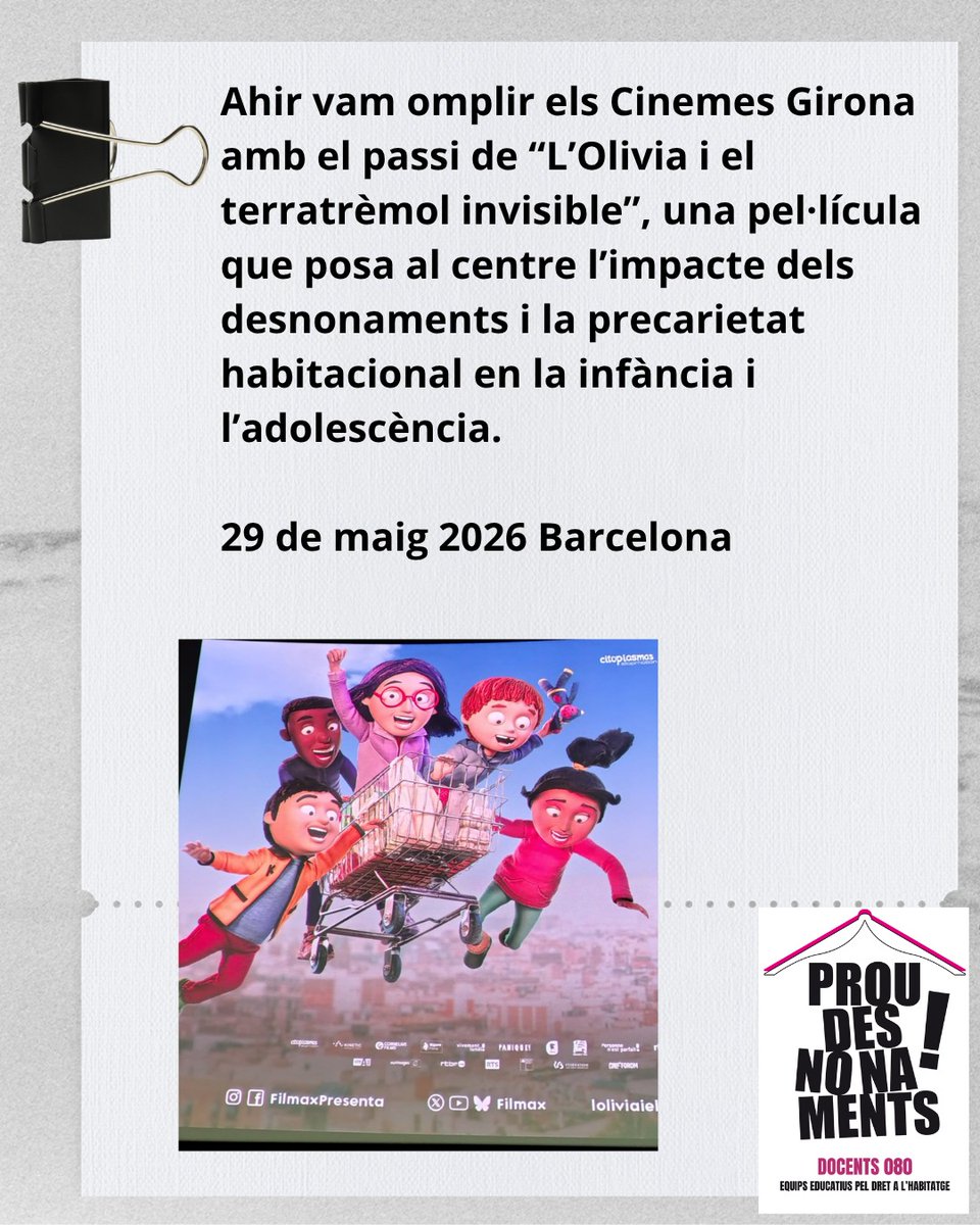 docents080's tweet photo. Crònica de la projecció de la pel•lícula "L'Olívia i el terratrèmol invisible". Primer els infants i els seus drets. #proudesnonaments
https://t.co/DyMAthktab https://t.co/qVTOKl8Nht
