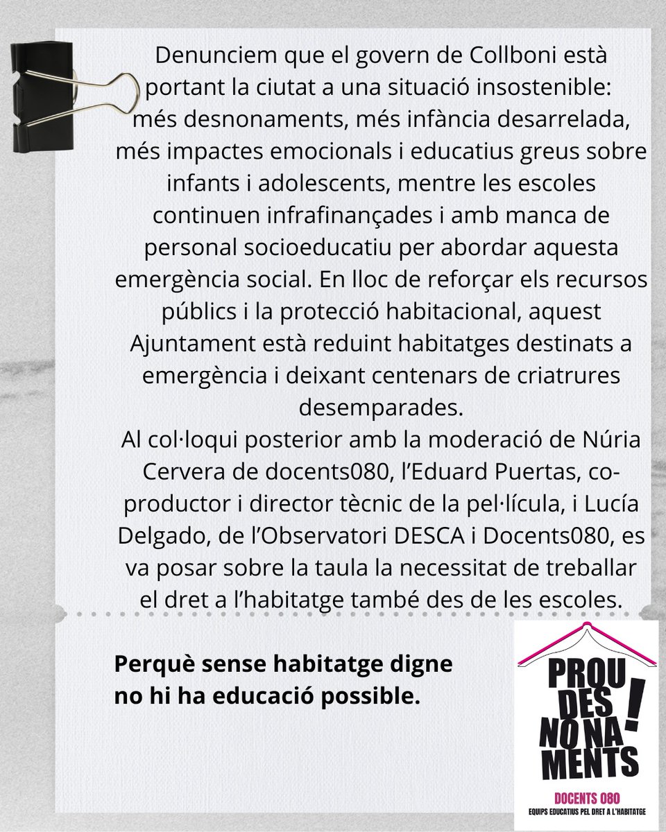 docents080's tweet photo. Crònica de la projecció de la pel•lícula "L'Olívia i el terratrèmol invisible". Primer els infants i els seus drets. #proudesnonaments
https://t.co/DyMAthktab https://t.co/qVTOKl8Nht