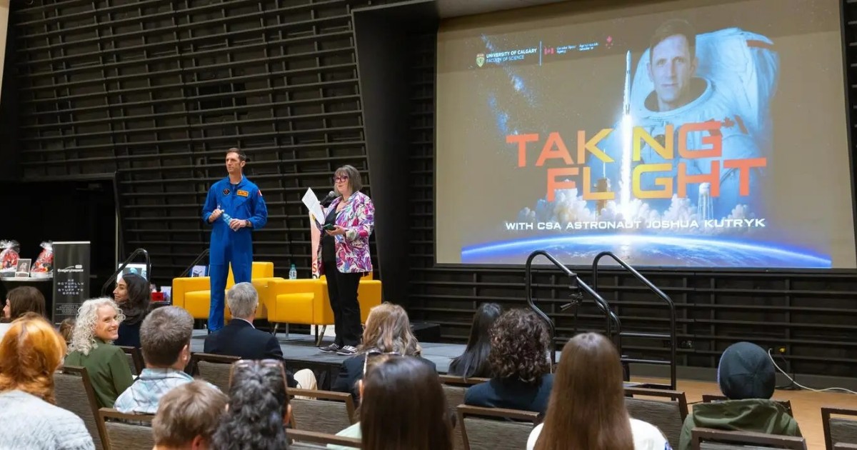 UCalgary's tweet photo. Astronaut Joshua Kutryk inspires Calgary audience at Taking Flight event, highlighting Canada’s growing leadership in space science https://t.co/OAQRXsVJUs @ucalgaryscience @Astro_Kutryk @csa_asc https://t.co/iG6omFPJ5k