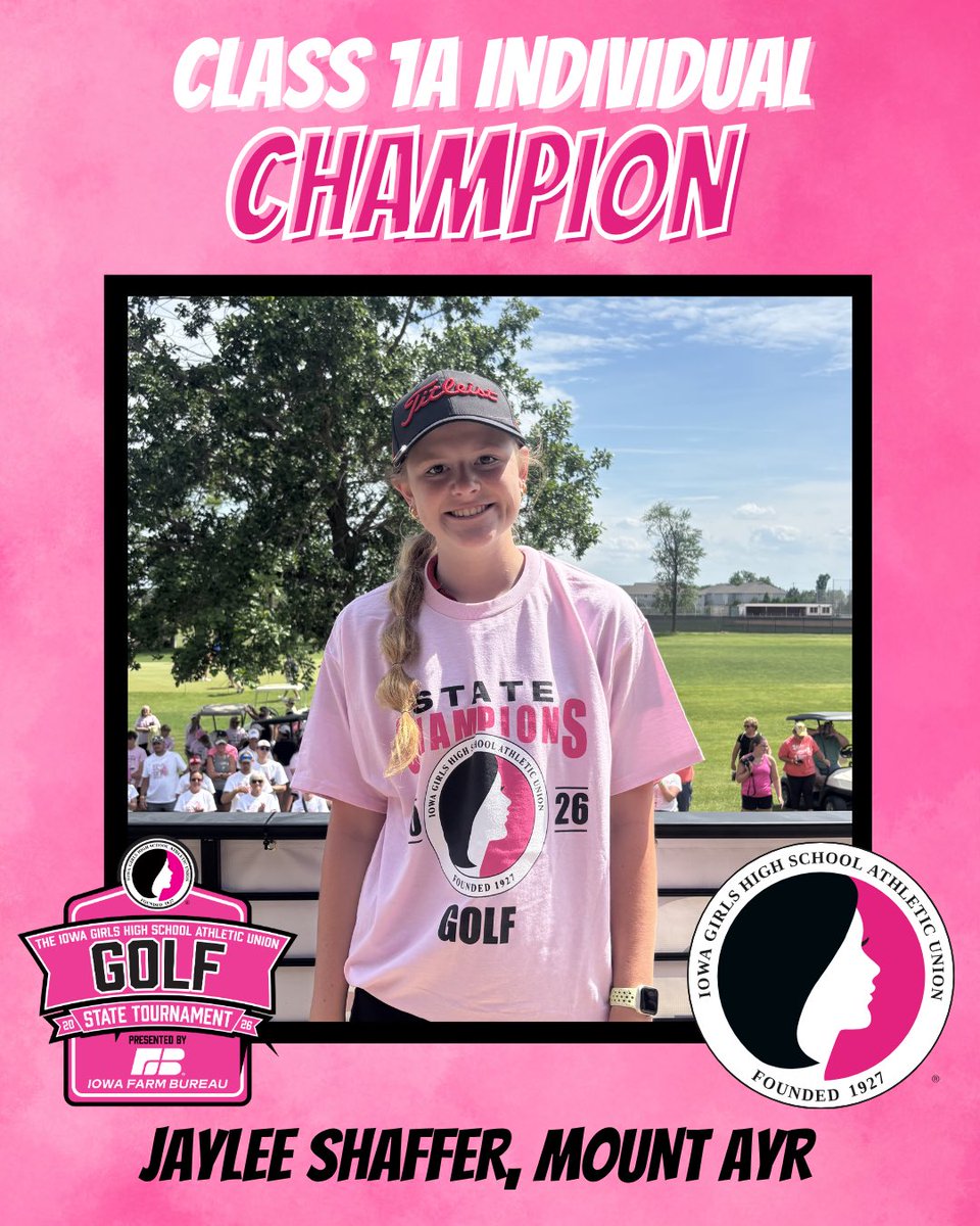 IGHSAU's tweet photo. 𝐂𝐥𝐚𝐬𝐬 𝟏𝐀 𝐈𝐧𝐝𝐢𝐯𝐢𝐝𝐮𝐚𝐥 𝐂𝐡𝐚𝐦𝐩𝐢𝐨𝐧! 👑🏌️‍♀️

Back to back for Jaylee Shaffer of Mount Ayr! She is your 2026 Class 1A Individual Champion! 

2026 State Golf presented by @iowafarmbureau

#IGHSAU #IowaGirl #StateGolf https://t.co/2Y1GWRA68s