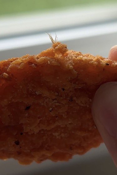 reythecyborg's tweet photo. yeeeeuuuck! I know chickens have feathers but I don’t want to see them in my nuggets @Wendys extra spicy today https://t.co/O9a3E8AQfu