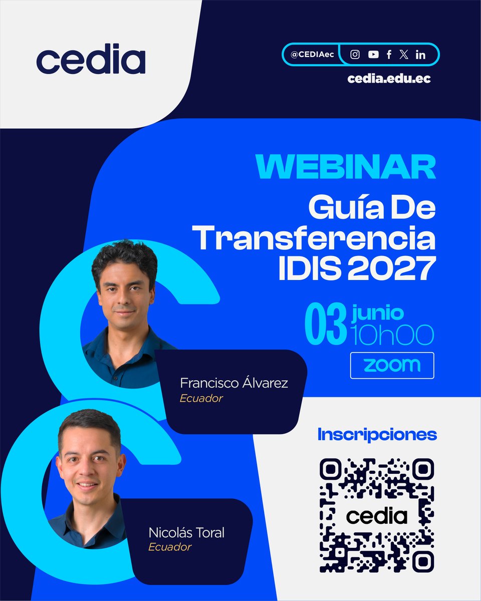 CEDIAec's tweet photo. 📢 ¿Estás preparando una postulación y necesitas fortalecer el componente de transferencia?

Te invitamos al webinar de socialización de la “Guía Metodológica para la escritura de la parte de Transferencia de las postulaciones”, un espacio diseñado para conocer los lineamientos, criterios y recomendaciones que te ayudarán a estructurar de manera efectiva esta sección clave de tus propuestas.

Conoce las mejores prácticas para evidenciar el impacto, la aplicación y el valor de los resultados de investigación en beneficio de la sociedad.

📅 Fecha: miércoles, 3 de junio de 2026.
🕒 Hora: 10h00.
💻 Modalidad virtual: https://t.co/0MJAq1kjMs

¡Participa y fortalece la calidad de tus postulaciones!

#Investigación #TransferenciaDeConocimiento #Innovación #EducaciónSuperior #SomosCEDIA