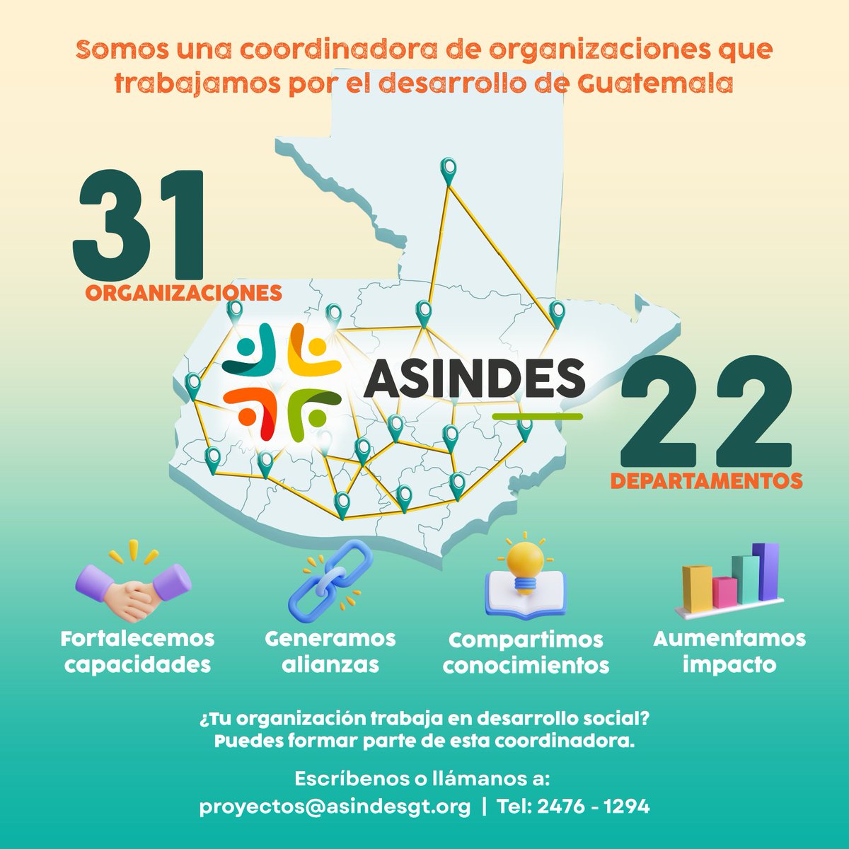 CoordASINDES's tweet photo. Cuando las organizaciones trabajan juntas, el impacto crece

ASINDES fortalece capacidades, promueve alianzas estratégicas y facilita el intercambio de conocimientos entre organizaciones comprometidas con el desarrollo de Guatemala

Más articulación. Más colaboración. Más impacto https://t.co/r75L281opH
