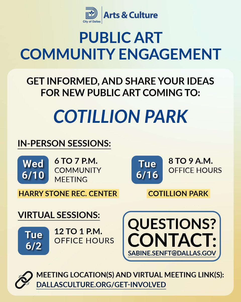 dallasculture's tweet photo. ✨ Share your ideas for new public art coming to Cotillion Park ✨

Your feedback will inform the scope of the project that the selected artist will use to guide their piece!🎨👥

Visit🔗 https://t.co/nWhJAUIvn2 for full meeting addresses, dates, + virtual meeting links https://t.co/M5Zv9BI4eI