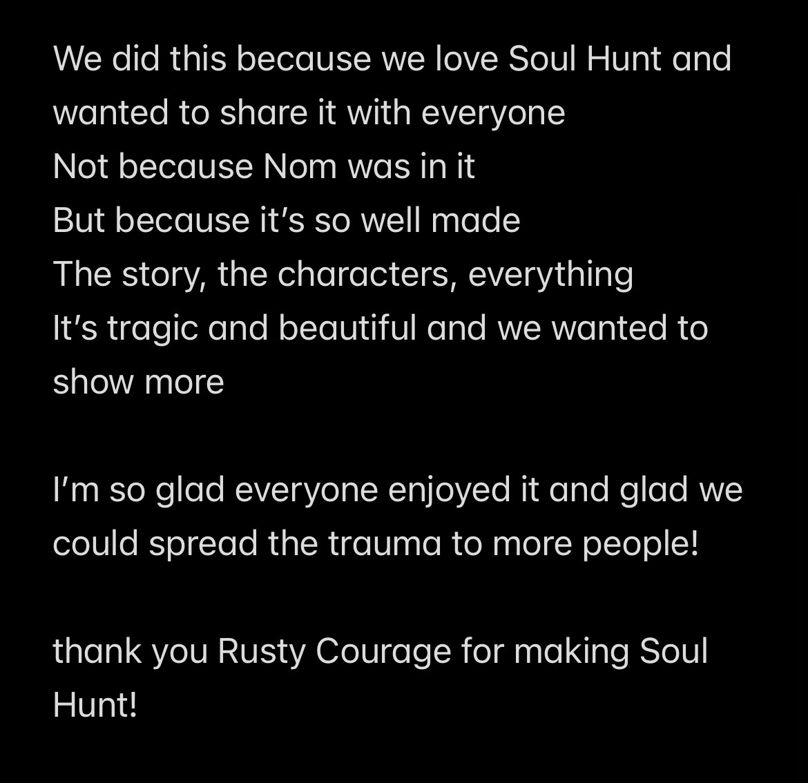 Moonthehybrid's tweet photo. Thank you @ItsMisprinte for doing this with me and for everyone who joined! We glad you enjoyed! And if you can, please go check out the original video for yourself! Give Rusty and Soul Hunt some love! #SoulHunt #RustyCourage (and some other things I want to say but can’t fit) https://t.co/w07qauHOFj