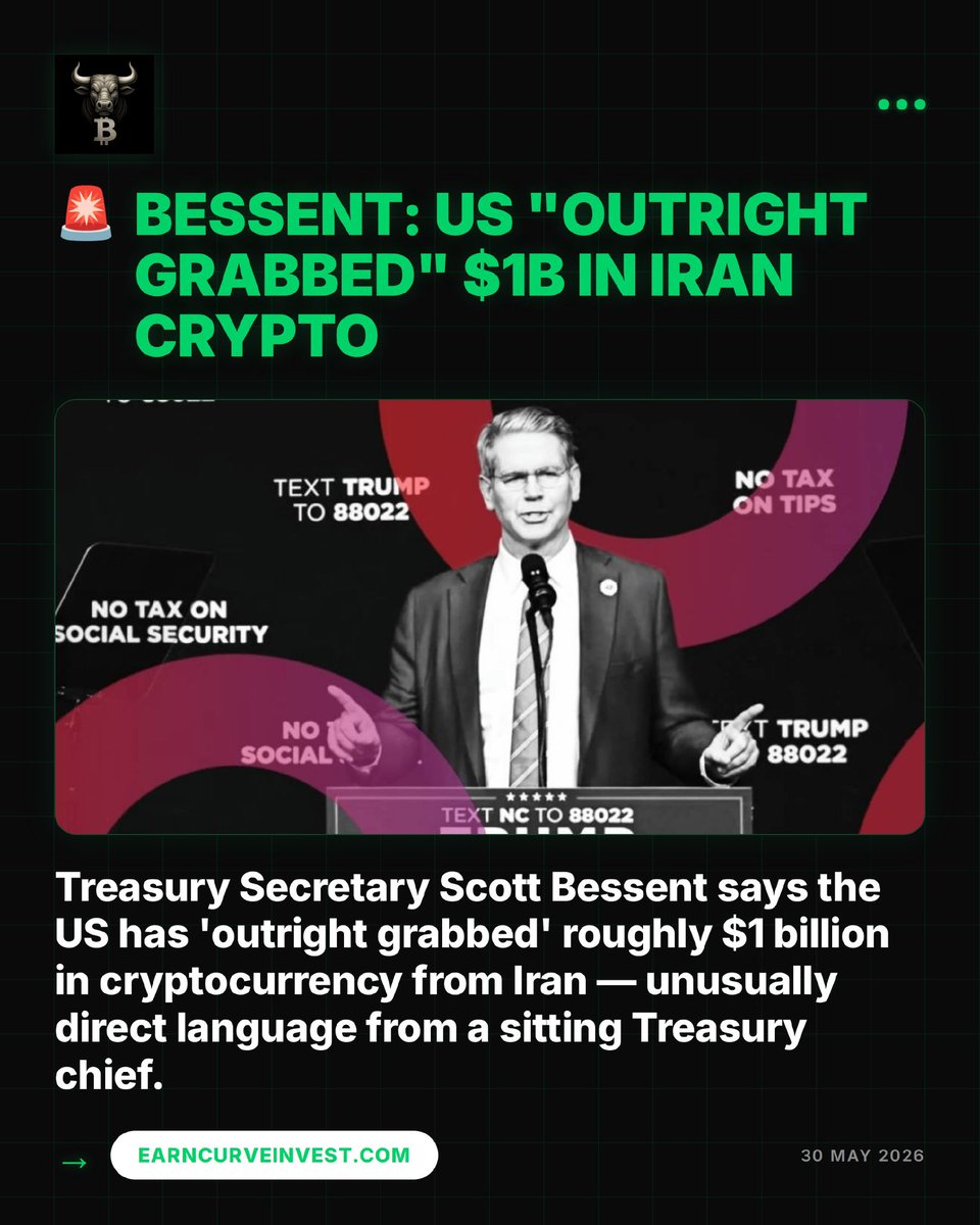 EarnCurve's tweet photo. 🌍 When the Treasury Secretary says 'we outright grabbed it,' markets listen.

Scott Bessent made the confirmation public at the Reagan National Economic Forum, saying the US had seized roughly $1 billion in cryptocurrencies from Iran. The statement is notable for its directness — senior officials typically describe such enforcement actions in more guarded legal terms. The seizures are part of a broader Treasury campaign targeting every financial channel Tehran has access to, from bank accounts to blockchain wallets, under Operation Economic Fury.

Government-grade crypto enforcement at scale. The chain of custody now runs through Washington.

@thewallstbulloz @EarnCurve 

#CryptoRegulation #CryptoMacro #Crypto #CryptoMarkets #EarnCurve