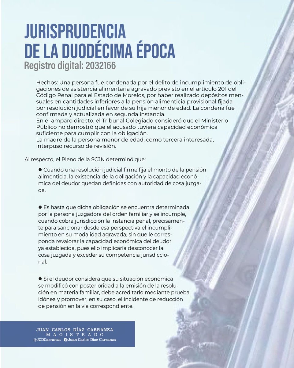 JCDCarranza's tweet photo. INCUMPLIMIENTO DE OBLIGACIONES ALIMENTARIAS

👨‍🎓El Pleno de la @SCJN publicó la jurisprudencia en materia civil-penal por precedentes obligatorios en la que determinó:

Para efectos del delito de incumplimiento de obligaciones alimentarias en su modalidad agravada, previsto en el artículo 201 del Código Penal para el Estado de Morelos, la resolución judicial firme en materia familiar que fija el monto de la pensión alimenticia, constituye cosa juzgada respecto de la existencia de la obligación y de la capacidad económica del deudor, por lo que la persona juzgadora penal no puede revalorar tales aspectos para determinar la actualización del tipo penal.

Jurisprudencia de aplicación obligatoria a partir del 25 de mayo de 2026.

👉https://t.co/aZzFxFvBvl