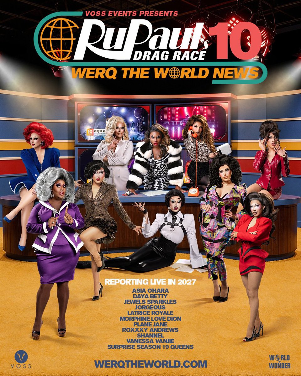 WerqTheWorld's tweet photo. Big hair. Bigger tits. Biggest reads. @the_planejane is your 2027 beauty correspondent on @rupaulsdragrace Werq The World NEWS is ON-SALE TODAY! Get your tickets for the 2027 Tour, celebrating 10 years of touring RuPaul’s Drag Race.

🎟️https://t.co/9gpbGsvurm https://t.co/8XQeZYrmWW