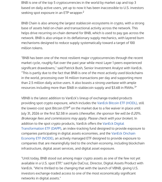 CryptoCoinShow's tweet photo. 🚨 BREAKING: VanEck has launched the first U.S. BNB ETF under the ticker $VBNB on Nasdaq. https://t.co/wK0CQKRli0