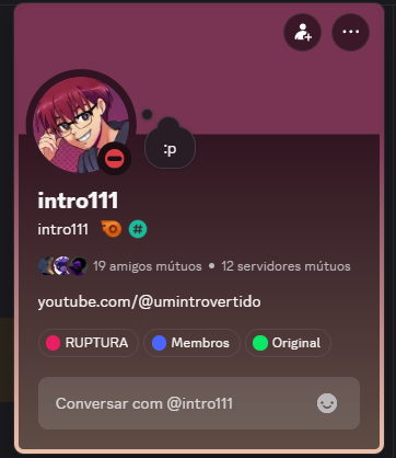 RupturaUpdates's tweet photo. URGENTE ‼️🚨 ||   

Recentemente no servidor do Discord do Ruptura SMP, um membro chamado Intro, que também é um criador de conteúdo, recebeu o cargo de "RUPTURA", (Cargo para os criadores principais do projeto). Isso significa que teremos um novo Pov em breve.
#rupturasmp https://t.co/ZYoA2wQir1