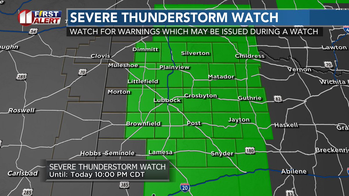 DivineWeather's tweet photo. A SEVERE THUNDERSTORM WATCH is in effect for all but the western KCBD/FOX34 viewing area until 10 PM CDT. Watch/listen for warnings which may be issued. The main threat is damaging very large hail and damaging wind gusts. https://t.co/oVk5YkRDim