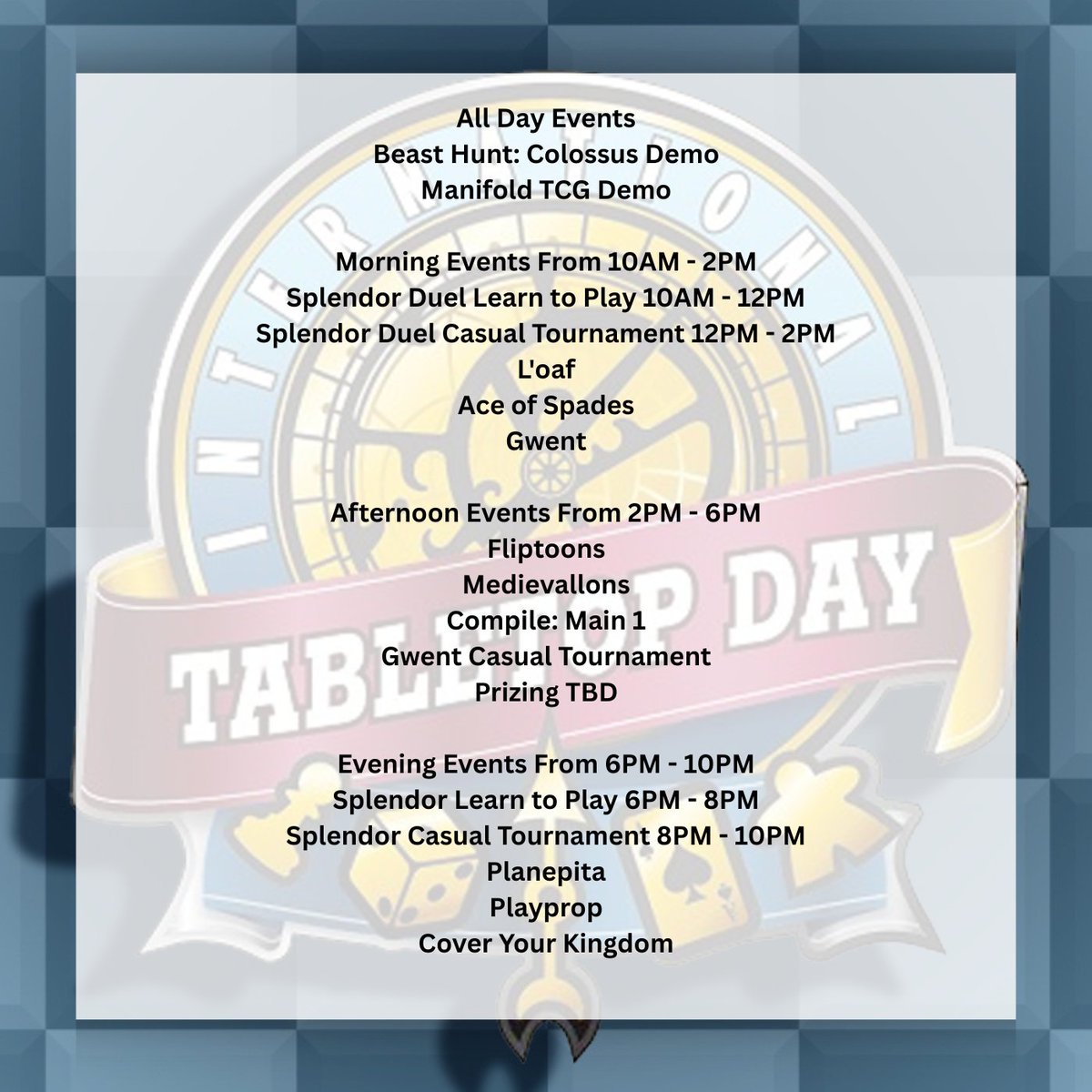 ZulusGameCafe's tweet photo. June 6th we're hosting events to celebrate International Tabletop Day!

Tickets: https://t.co/cTaH2fNhzw

#zulusbgc #zulusevents #boardgamenight #tabletopday https://t.co/LhLHw7eh5X