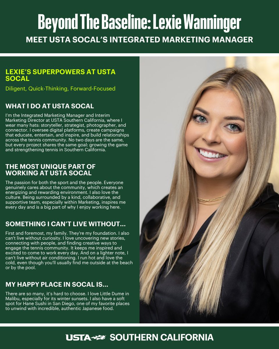 USTASoCal's tweet photo. 🌟 Staff Spotlight: Celebrating 5 years, Lexie Wanninger has transformed USTA SoCal's storytelling, social strategy, and digital growth.

Learn more: https://t.co/f8UTAG5N9V https://t.co/GN8nLS5Gl5