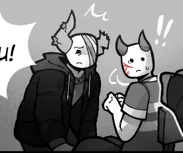 Snowyllama1's tweet photo. ditf spoilers/// 

ive seen some people bring up that maybe medkit tried to carve his horns himself for anonymity but that goes out the window when u notice madkit's horns are broken in nearly the same exact way. that is 100% damage from the fight https://t.co/1TCaNX217S