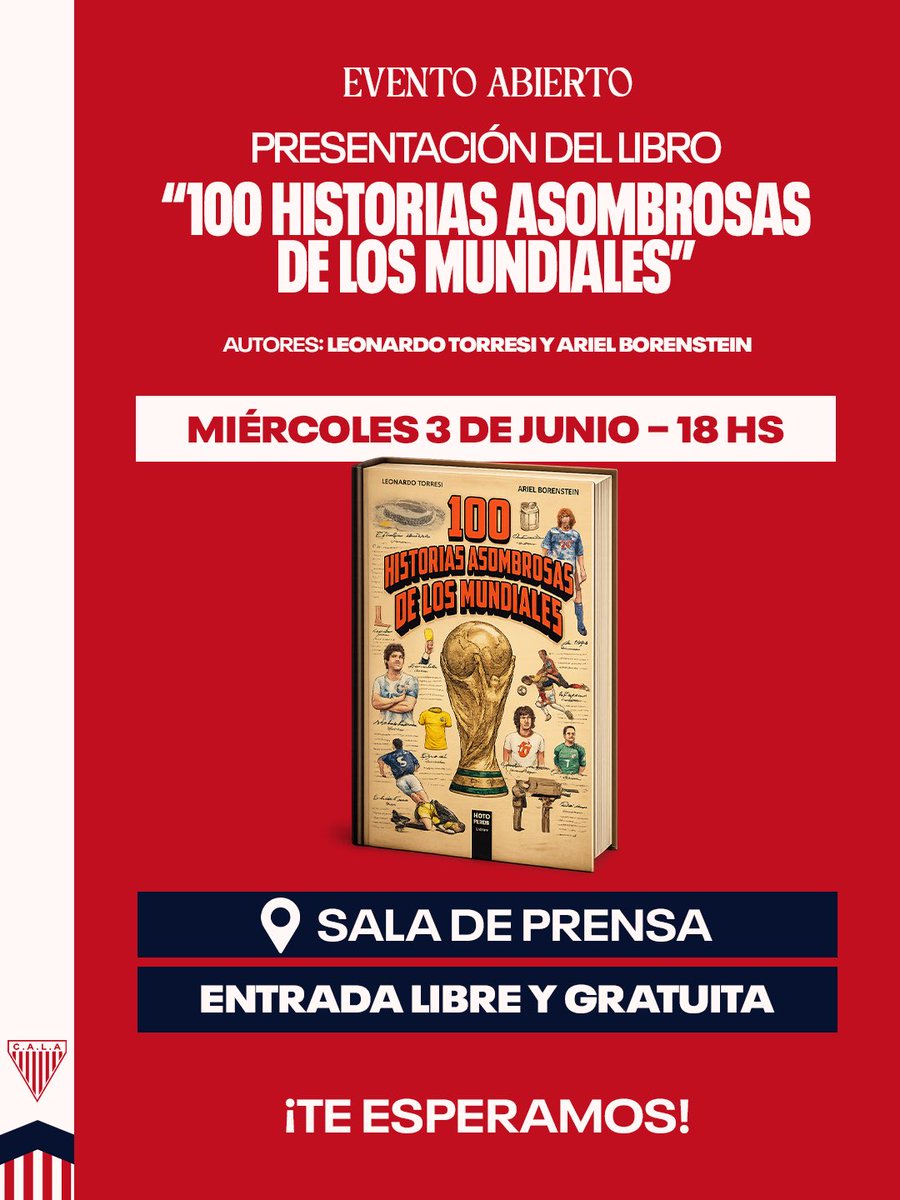 clublosandes's tweet photo. 𝗣𝗿𝗲𝘀𝗲𝗻𝘁𝗮𝗰𝗶𝗼́𝗻 𝗱𝗲𝗹 𝗹𝗶𝗯𝗿𝗼 “𝟭𝟬𝟬 𝗵𝗶𝘀𝘁𝗼𝗿𝗶𝗮𝘀 𝗮𝘀𝗼𝗺𝗯𝗿𝗼𝘀𝗮𝘀 𝗱𝗲 𝗹𝗼𝘀 𝗺𝘂𝗻𝗱𝗶𝗮𝗹𝗲𝘀”

El miércoles 3 de junio a las 18h en la sala de prensa del Eduardo Gallardón se realizará la presentación del libro escrito por el autor y socio, Leonardo Torresi, y Ariel Borenstein.

Entrada gratuita. Ingreso por puerta 4 (Av. Santa Fe y Sáenz)