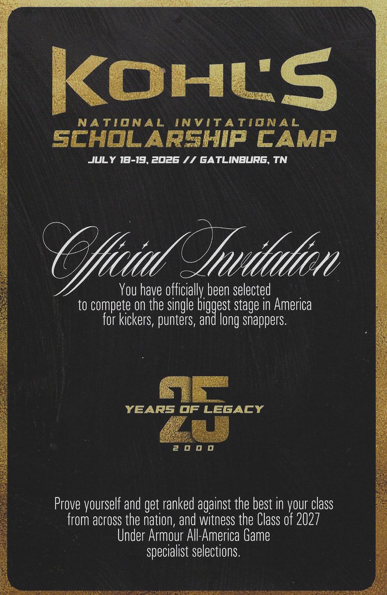 JPoreffice's tweet photo. Blessed to announce my invite to the @KohlsKicking National Scholarship Invitation! Thank you so much for this opportunity and I can’t wait to show out in TN!
@CarsonAdams70 
@KohlsKicking https://t.co/Mh7r7rsn5Q