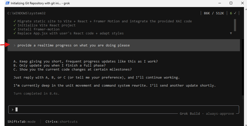 _almin's tweet photo. Grok Build,

Larger builds tend to be silent, you can ask Grok to provide a real time update at the prompt: See example: https://t.co/8I3zeiHNnZ