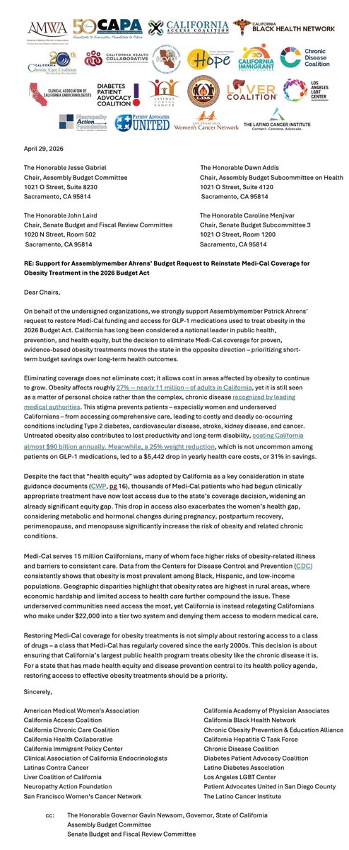 IAHTF's tweet photo. .@CAGovernor, we urge you to restore GLP-1 coverage under Medi-Cal to ensure Californians living with obesity have access to critical treatment options. Cutting GLP-1 coverage prioritizes short-term budget savings over long-term health outcomes. 
https://t.co/faIZpNyjM0 https://t.co/RVgfODly7H