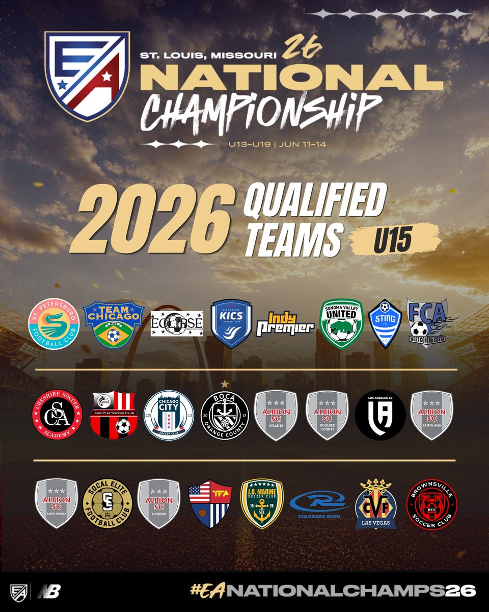 JBMarineSC's tweet photo. Congrats to the 2009 and 2011 Boys Gold teams for punching their ticket to the 𝐄𝐀 𝐍𝐚𝐭𝐢𝐨𝐧𝐚𝐥 𝐂𝐡𝐚𝐦𝐩𝐢𝐨𝐧𝐬𝐡𝐢𝐩 𝟐𝟎𝟐𝟔. ⚽️.  One stage where every team will put it all on the line.

📍 St. Louis, Missouri
📅 June 11–14, 2026
#EANationalChamps26 #EveryGameCounts https://t.co/BtV71DuH7q