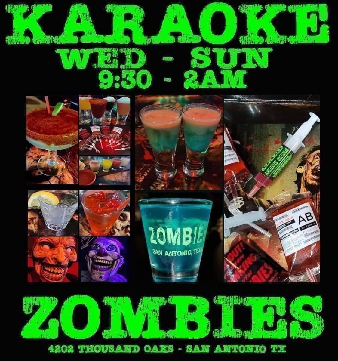 ZombiesBar1's tweet photo. **KARAOKE FRIDAY**  **KARAOKE FRIDAY**
AT ZOMBIES BAR
FREE EVENT / NO COVER

Zombies is hosting Karaoke this FRIDAY Night. 
Karaoke on our main stage 9:30 pm - 2 am
Get your Zombies Specimen Sample Shots and Blood Bags 
ZOMBIES 
4202 Thousand Oaks
San Antonio, TX 78217 https://t.co/T4KueT6T2V