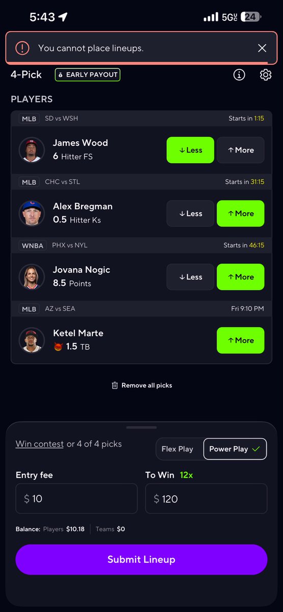 SHESICKK's tweet photo. @PrizePicks it won’t let me place lineups it says to verify my id and I did already still no response 48 hours later https://t.co/g0QbfmXzpm