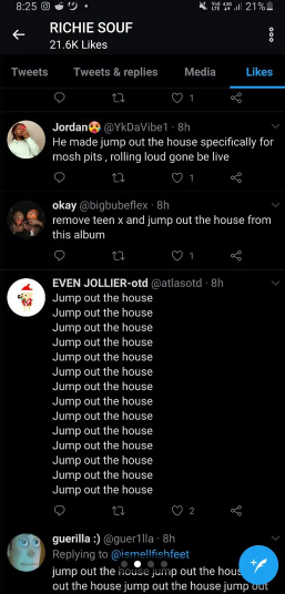 waybaaack's tweet photo. Richie Souf's reaction to being mostly cut out of the final tracklist for "Whole Lotta Red".

Richie Souf and Playboi Carti worked closely during the home stretch towards the release of WLR, making some of the fans biggest grails together like 'Tryna Get Down'.

After fans realised the project featured minimal production, Richie spoke via Discord, and fans noticed his liked tweets all regarding Jumpoutthehouse, where the label removed his prod tags.