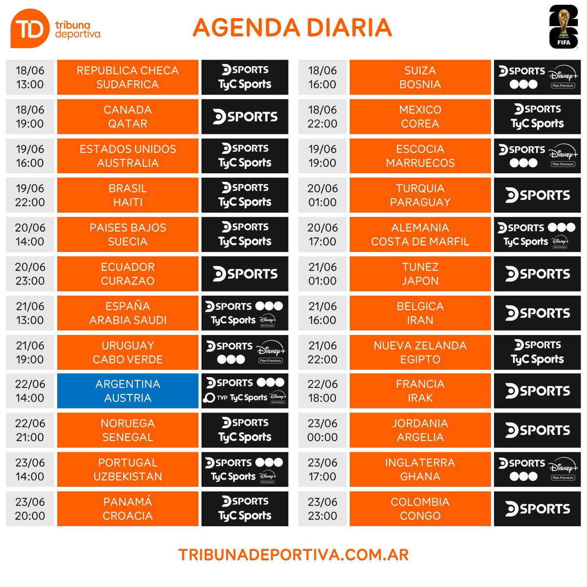 TribunaDeporOK's tweet photo. AGENDA DIARIA | ¿Dónde ver la Copa Mundial de la FIFA 2026? 🏆 

Te presentamos la agenda -día por día- de la Fase de Grupos con todo el esquema de transmisiones:  
👉Día y horario de cada partido. 
👉Canales y plataformas oficiales. https://t.co/JLDv18u8Xb