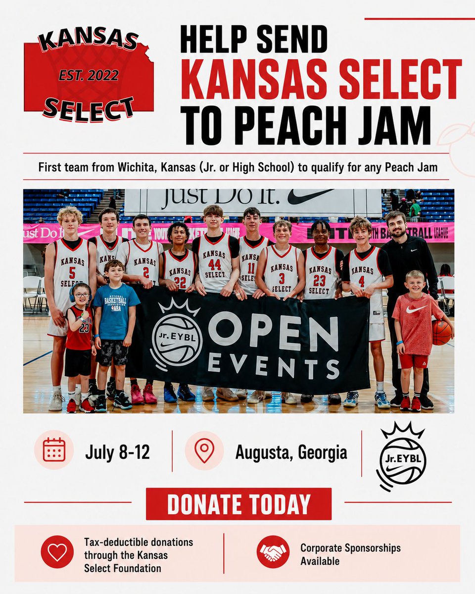 kansas_select's tweet photo. 🍑🏀 Help send Kansas Select to Peach Jam!

Our 2030 Red squad is the first team from Wichita, KS — Jr. or HS — to qualify for any Peach Jam event.

Donations are tax deductible through the Kansas Select Foundation. Corporate sponsors available!

Donate: https://t.co/HAhYvFg33m https://t.co/c5t5lfPyWW