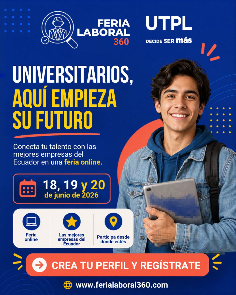 UTPLAlumni's tweet photo. 🚀 Conecta tu talento con las mejores empresas del Ecuador.
Participa en la #FeriaLaboral360 y descubre nuevas oportunidades para impulsar tu carrera profesional.
📅 18, 19 y 20 de junio de 2026
💻 Modalidad virtual
Conoce más:  https://t.co/SIQsHiikq3
#UTPL #Empleabilidad https://t.co/yeR8pF2zit