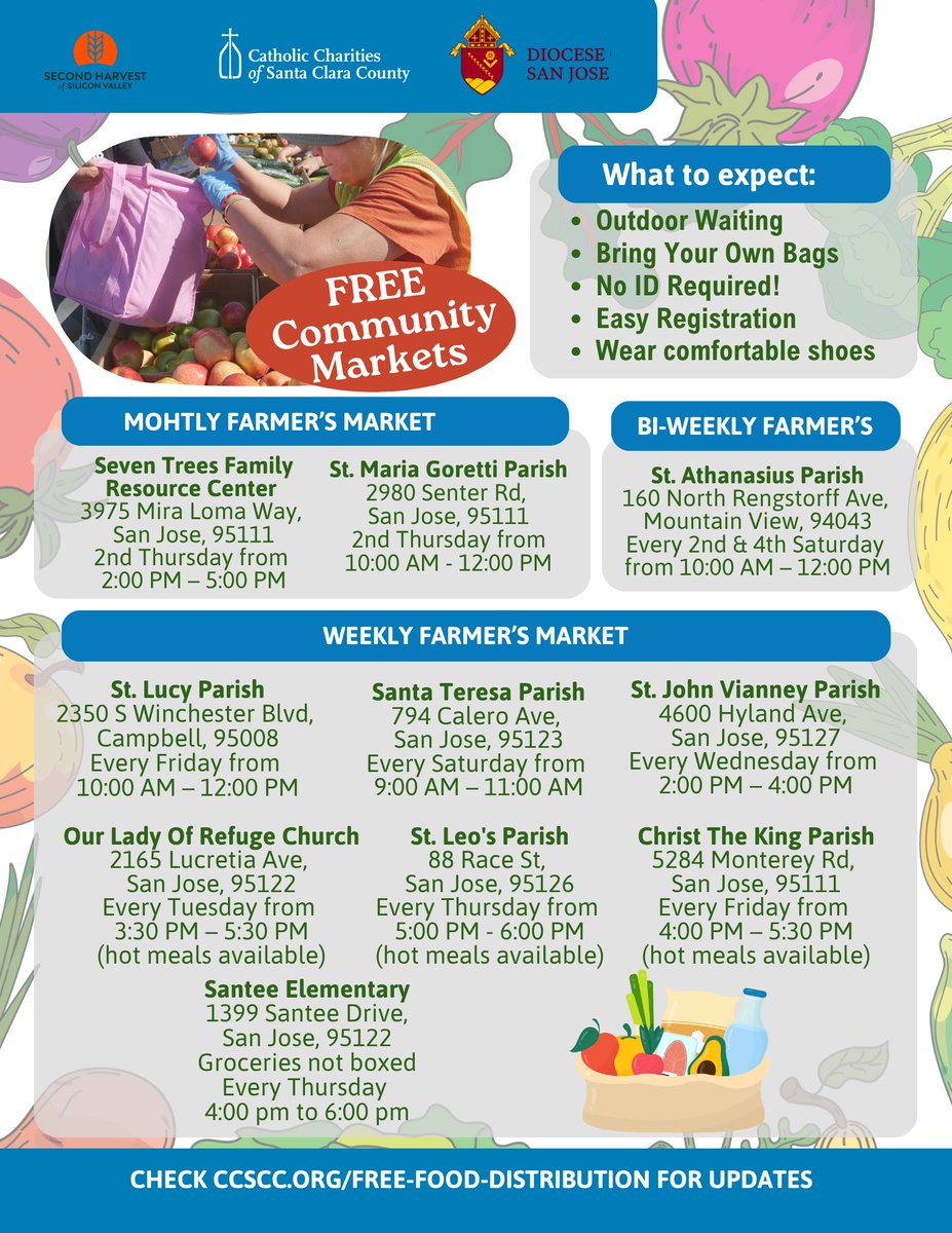 CatholicCharSCC's tweet photo. FREE FRESH GROCERIES! Share with friends and family and help others in need. Bring your own bags or a cart to carry your groceries.
Groceries are available at various locations across the county.
Find more info and temporary closures: https://t.co/vOoxtW1P2C
#freefooddistribution https://t.co/o92H5lKcK7