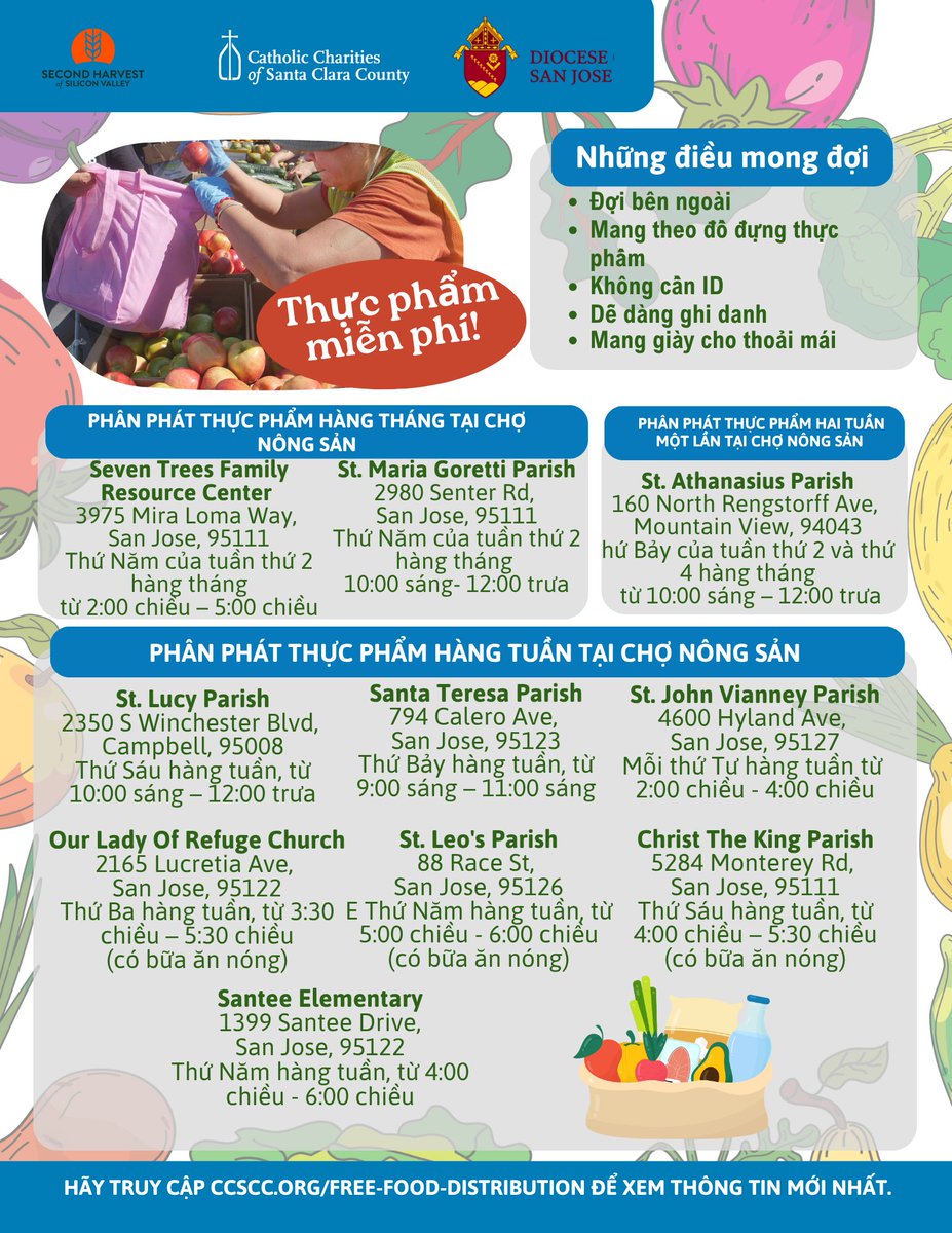CatholicCharSCC's tweet photo. FREE FRESH GROCERIES! Share with friends and family and help others in need. Bring your own bags or a cart to carry your groceries.
Groceries are available at various locations across the county.
Find more info and temporary closures: https://t.co/vOoxtW1P2C
#freefooddistribution https://t.co/o92H5lKcK7