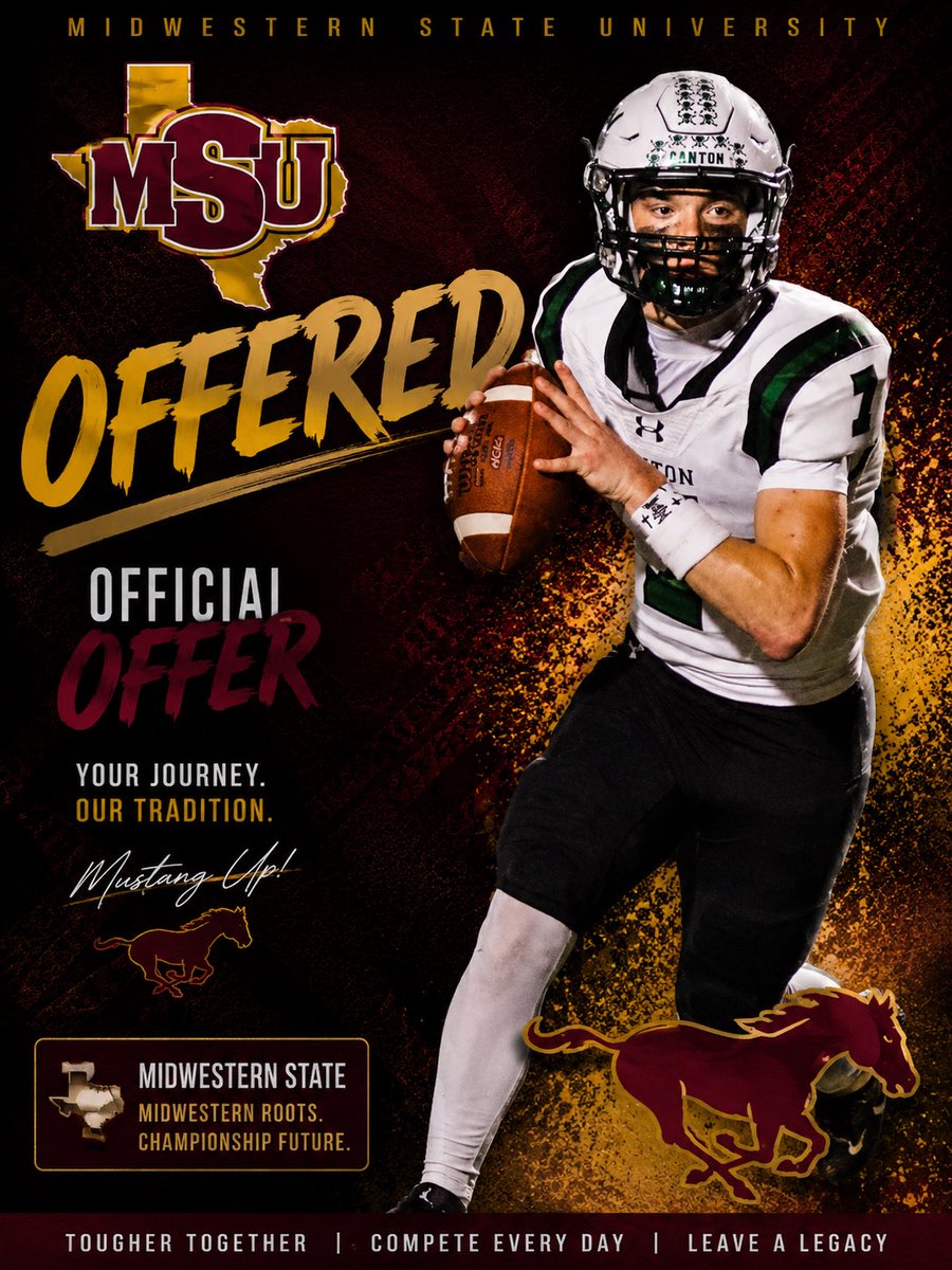CortRay7's tweet photo. 🔥 Blessed and honored to receive an offer from Midwestern State University! 🔥

Thank you to @CoachKirkBryant and @MSUTexasFB for believing in me and giving me this opportunity.

The work continues! 💪🏈

#AGTG #MSUMustangs #Recruiting #QB1 #ClassOf2028 

@Coaching4God 
@byud11 
@CantonEagleFB 
@etvarsity