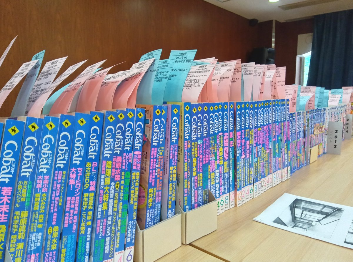 OyaBunko's tweet photo. 白百合女子大学で「コバルト文庫50周年と少女カルチャー」開催中です！
大宅文庫の雑誌コバルトコーナーでは桑原水菜先生、今野緒雪先生の掲載号に短冊のインデックスを付けました
両先生の雑誌コバルトでの大活躍を見やすく展示しています
皆様のお越しをお待ちしております https://t.co/3vT9mV3nA3