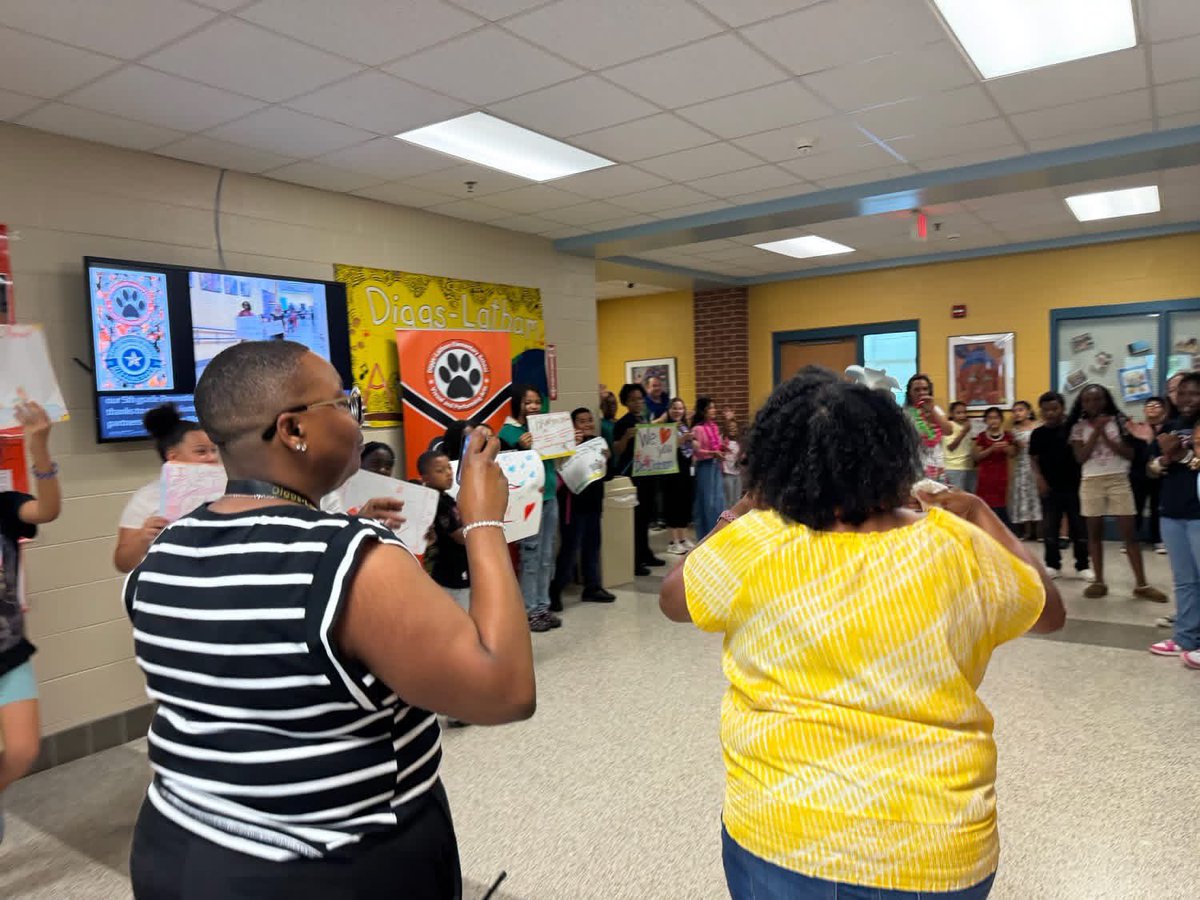 DiggsLatham's tweet photo. On the #LastDayofSchool, staff and students gathered for one of our famous "parades" as we continued the surprises in celebration of Dr. Dobson and her upcoming retirement. #TigerPride https://t.co/8vYmTVDPr9