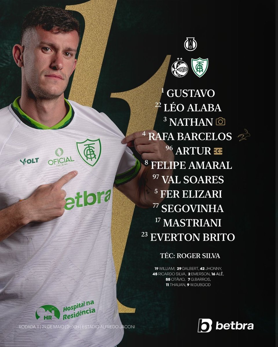 AmericaFC1912's tweet photo. COELHÃO ESCALADO! 🐰💚

Esses são os 11 inicias escolhidos pelo técnico Roger Silva para o duelo contra o Juventude, pelo Brasileiro.

VAMOS, COELHÃO! 💪

#JECxAFC
#AméricaÉsOMaior https://t.co/vFbQNR9lVd