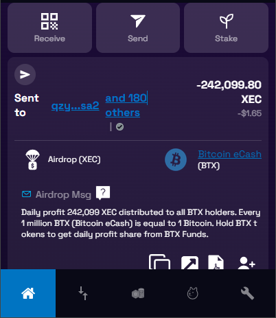 Bitcoin__eCash's tweet photo. Today's profit is 242,099 $XEC and it has been distributed to all $BTX holders. Watch your @CashtabWallet and keep your $BTX tokens safe so you'll always get your daily #eCash share 💰 

$BTX token id: 962edc523c608d258d03294c513737f90ee01ff9596205b1e8cb8dbc98e89aff https://t.co/iulxPk65n9